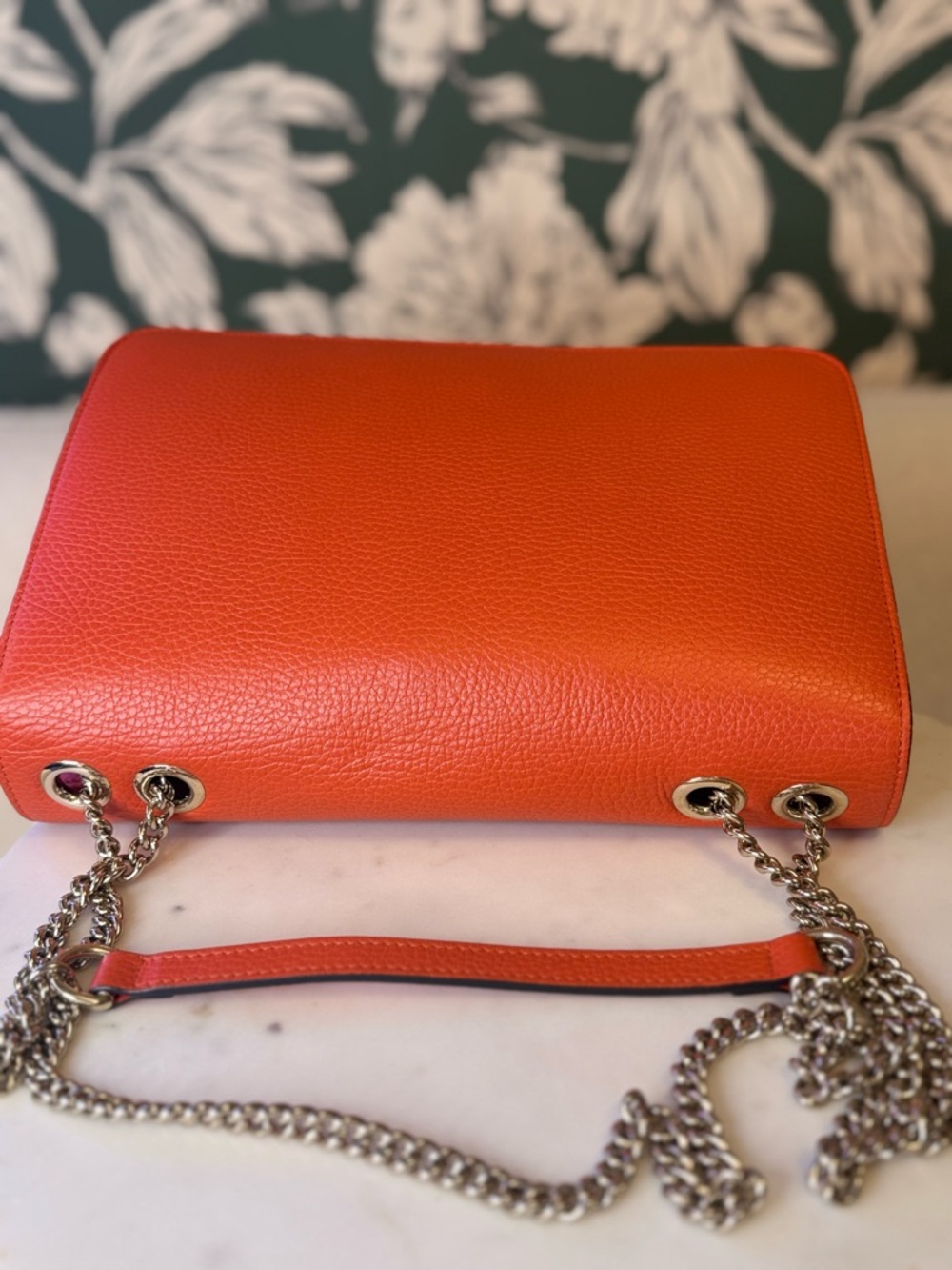 Gucci Authentic Red-Orange Leather Shoulder Bag with Silver Chain Like New w COA - Picture 10 of 14